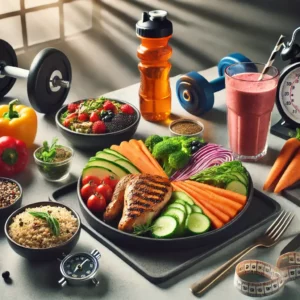 Zbilansowane posiłki dla sportowców – grillowany kurczak, quinoa, warzywa i koktajle z akcesoriami sportowymi w tle
