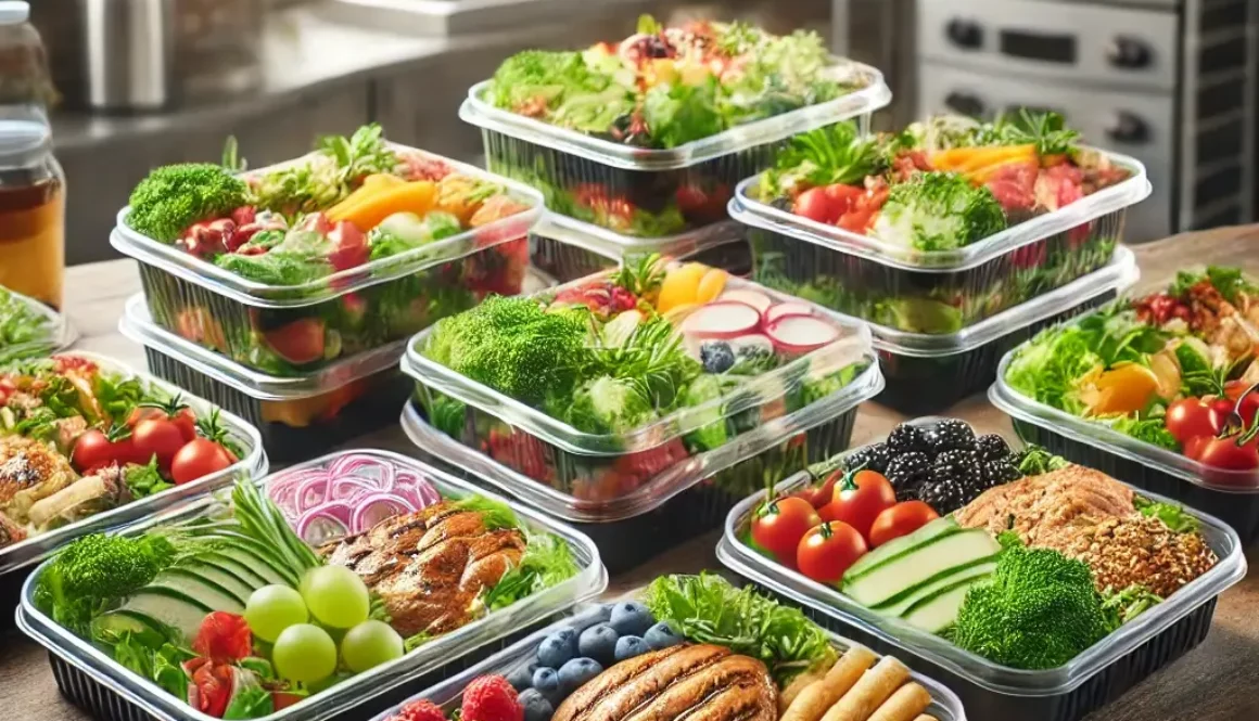 Zbilansowane posiłki w ekologicznych pojemnikach – catering dietetyczny z sałatkami, grillowanym mięsem i świeżymi owocami