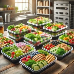 Zbilansowane posiłki w ekologicznych pojemnikach – catering dietetyczny z sałatkami, grillowanym mięsem i świeżymi owocami