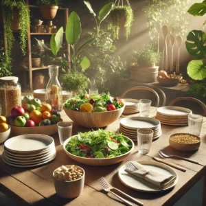 Ekologiczny catering z biodegradowalnymi naczyniami, organicznymi potrawami i naturalnym otoczeniem