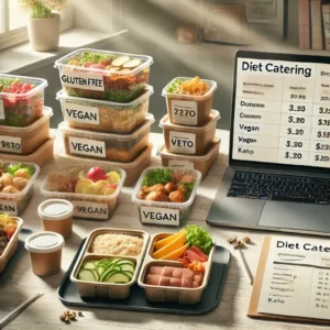 Porównanie cen cateringów dietetycznych – różne typy diet w pojemnikach z cenami i informacjami o składnikach